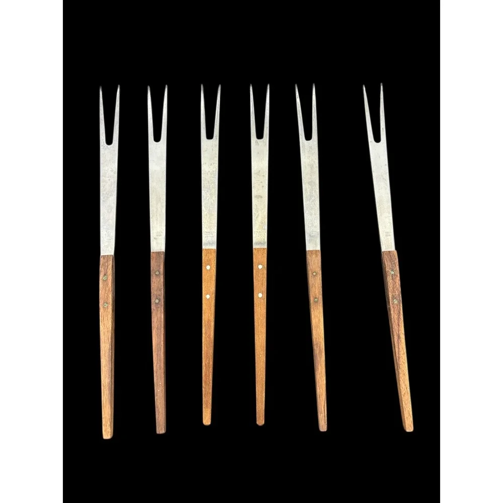12 Vintage Stainless Steel Wood Handle Fondue‎ Forks Japan Retro 2 Tines